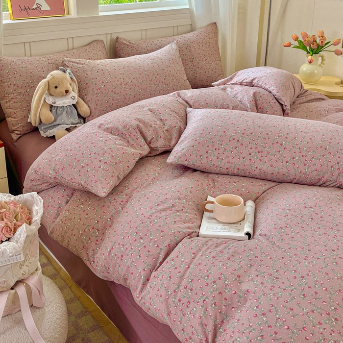 91家纺网 家纺一手货源 找家纺 斯卡诺家纺 2026爆款古法水洗仿棉四件套韩国小布袋五件套（高克重斜纹加厚） 樱桃季