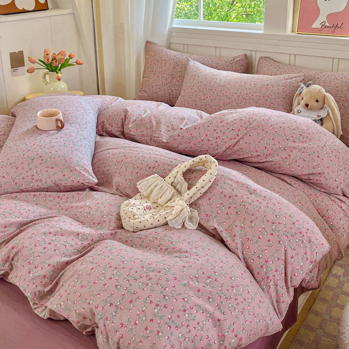 91家纺网 家纺一手货源 找家纺 斯卡诺家纺 2026爆款古法水洗仿棉四件套韩国小布袋五件套（高克重斜纹加厚） 樱桃季