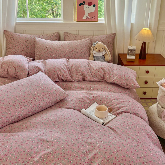 91家纺网 家纺一手货源 找家纺 斯卡诺家纺 2026爆款古法水洗仿棉四件套韩国小布袋五件套（高克重斜纹加厚） 樱桃季