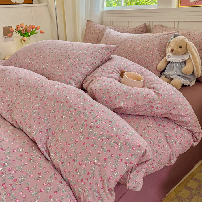 91家纺网 家纺一手货源 找家纺 斯卡诺家纺 2026爆款古法水洗仿棉四件套韩国小布袋五件套（高克重斜纹加厚） 樱桃季