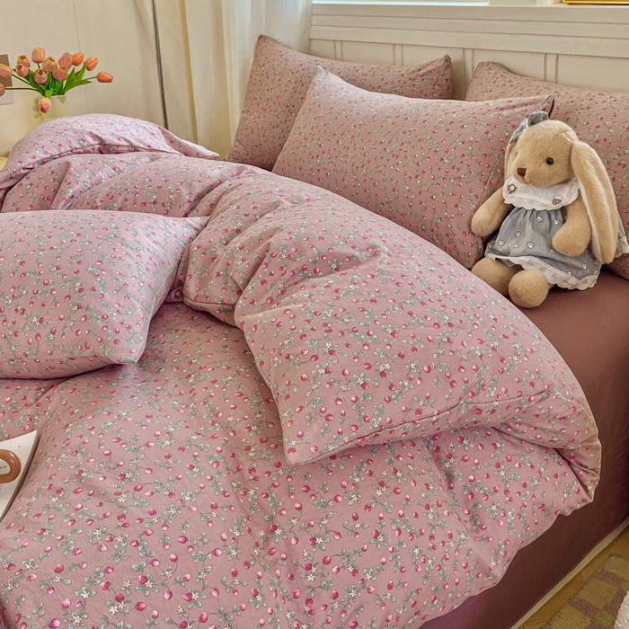 91家纺网 家纺一手货源 找家纺 斯卡诺家纺 2026爆款古法水洗仿棉四件套韩国小布袋五件套（高克重斜纹加厚） 樱桃季