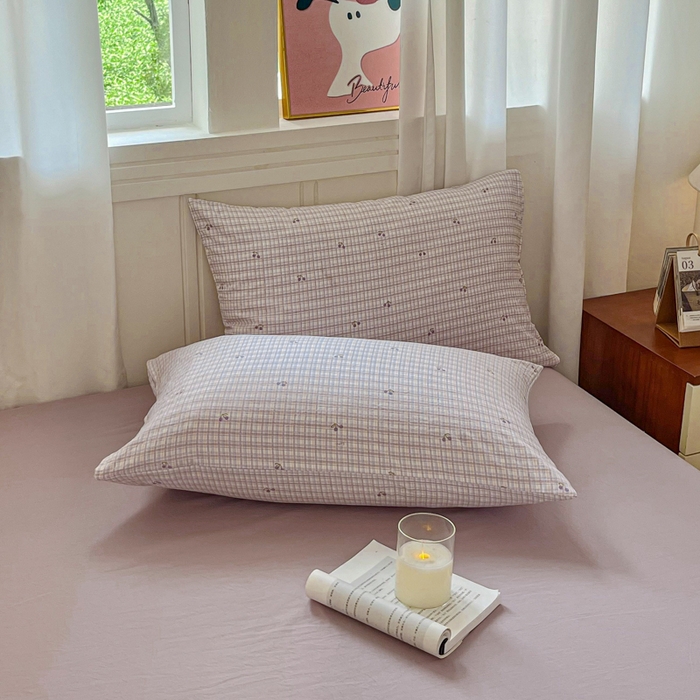 91家纺网 家纺一手货源 找家纺 斯卡诺家纺 2026爆款古法水洗仿棉四件套韩国小布袋五件套（高克重斜纹加厚） 樱桃小格