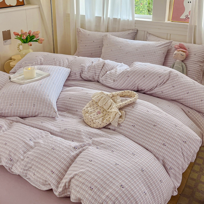 91家纺网 家纺一手货源 找家纺 斯卡诺家纺 2026爆款古法水洗仿棉四件套韩国小布袋五件套（高克重斜纹加厚） 樱桃小格