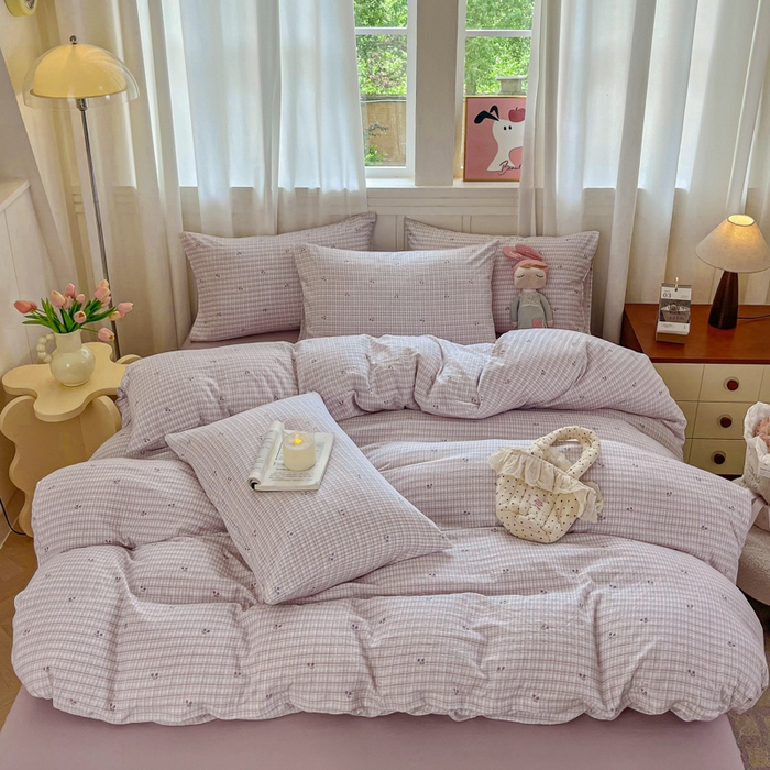 91家纺网 家纺一手货源 找家纺 斯卡诺家纺 2026爆款古法水洗仿棉四件套韩国小布袋五件套（高克重斜纹加厚） 樱桃小格