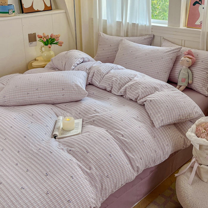 91家纺网 家纺一手货源 找家纺 斯卡诺家纺 2026爆款古法水洗仿棉四件套韩国小布袋五件套（高克重斜纹加厚） 樱桃小格