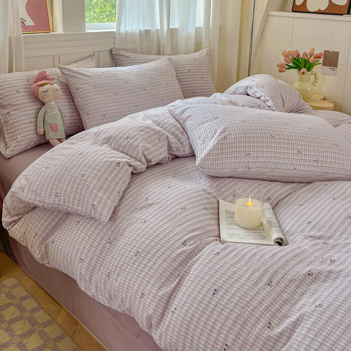 91家纺网 家纺一手货源 找家纺 斯卡诺家纺 2026爆款古法水洗仿棉四件套韩国小布袋五件套（高克重斜纹加厚） 樱桃小格