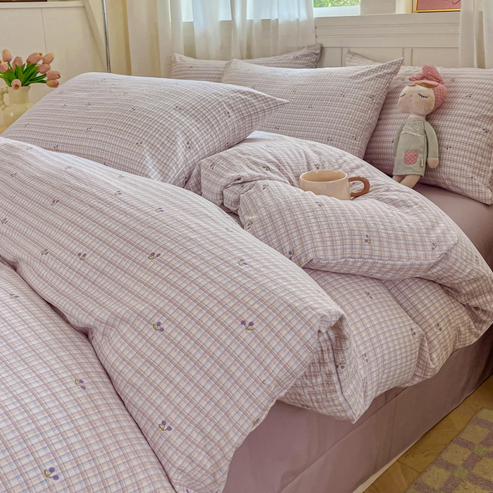 91家纺网 家纺一手货源 找家纺 斯卡诺家纺 2026爆款古法水洗仿棉四件套韩国小布袋五件套（高克重斜纹加厚） 樱桃小格