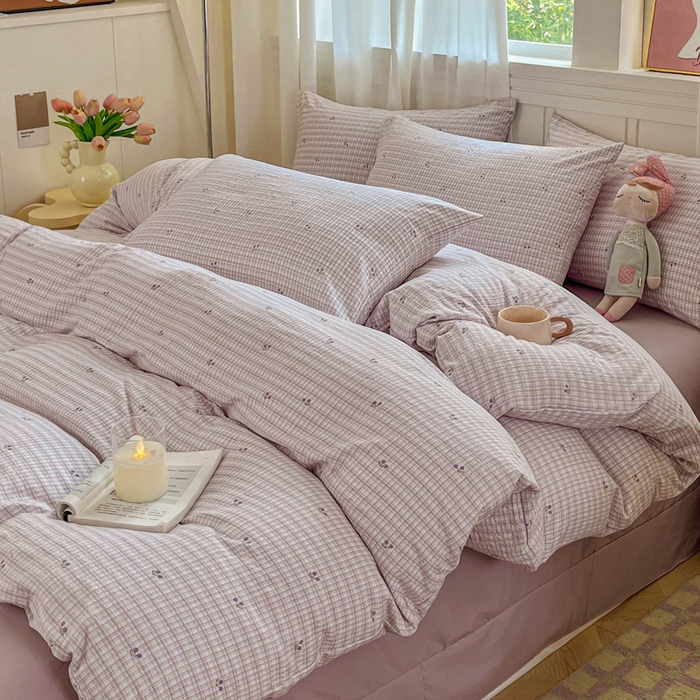 91家纺网 家纺一手货源 找家纺 斯卡诺家纺 2026爆款古法水洗仿棉四件套韩国小布袋五件套（高克重斜纹加厚） 樱桃小格