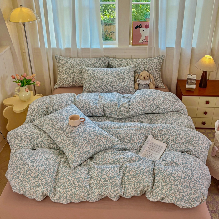 91家纺网 家纺一手货源 找家纺 斯卡诺家纺 2026爆款古法水洗仿棉四件套韩国小布袋五件套（高克重斜纹加厚） 雨沫