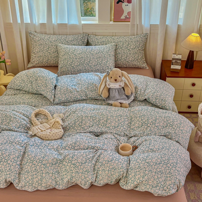 91家纺网 家纺一手货源 找家纺 斯卡诺家纺 2026爆款古法水洗仿棉四件套韩国小布袋五件套（高克重斜纹加厚） 雨沫