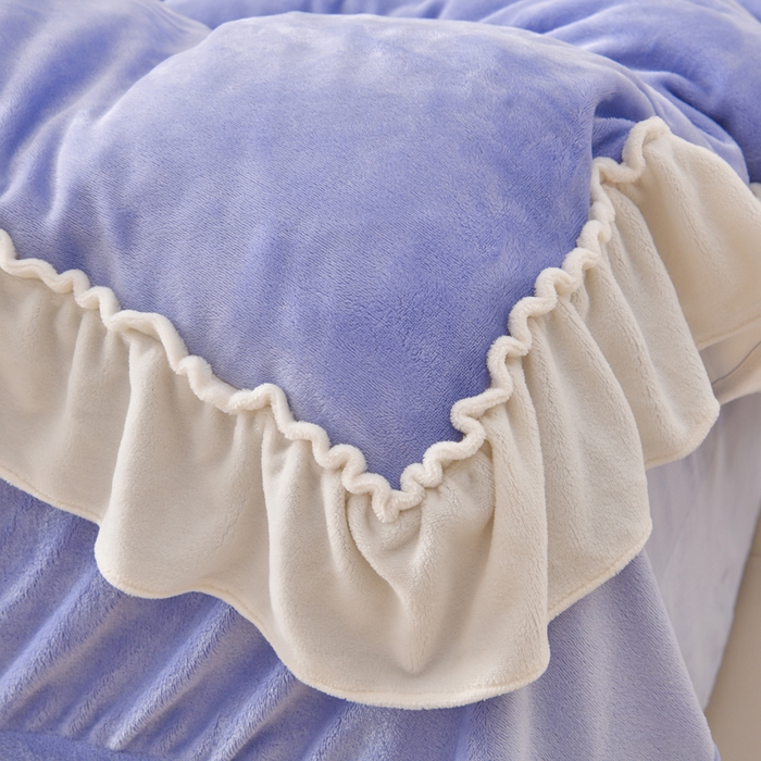 91家纺网 家纺一手货源 找家纺 畅畅家纺 2025新款加厚9斤毛巾绣韩式花边牛奶绒床单四件套 蝴蝶-淡蓝