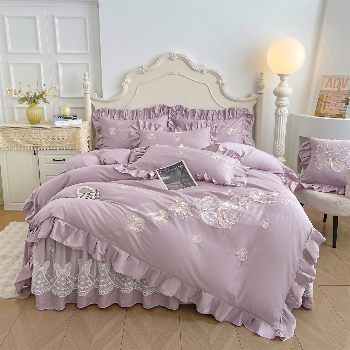 91家纺网 家纺一手货源 找家纺 宜凡家纺 2025新款长绒棉绣花床裙床裙四件套--蝶恋笙花系列 蝶恋笙花 罗兰紫