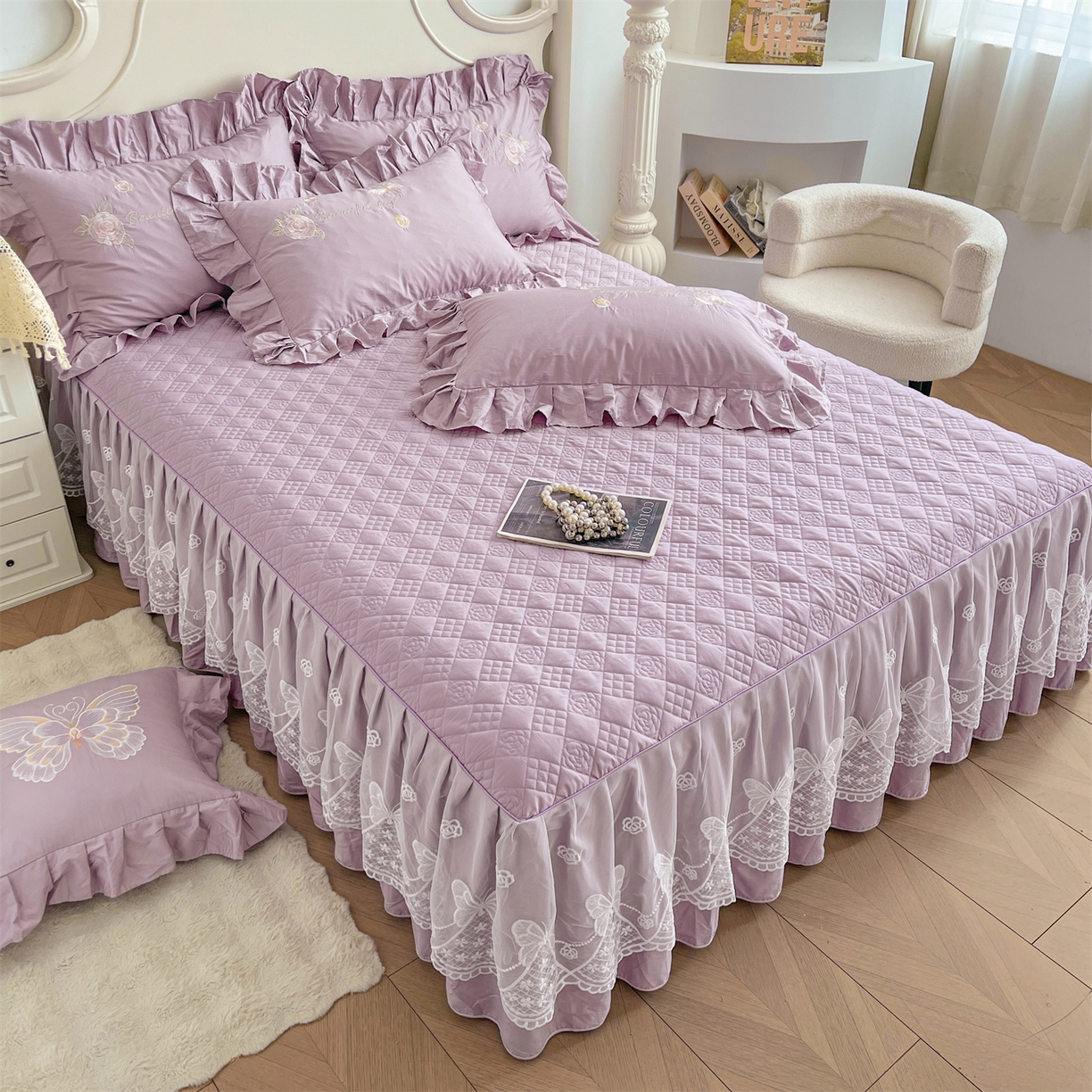 91家纺网 家纺一手货源 找家纺 宜凡家纺 2025新款长绒棉绣花床裙床裙四件套--蝶恋笙花系列 蝶恋笙花 罗兰紫