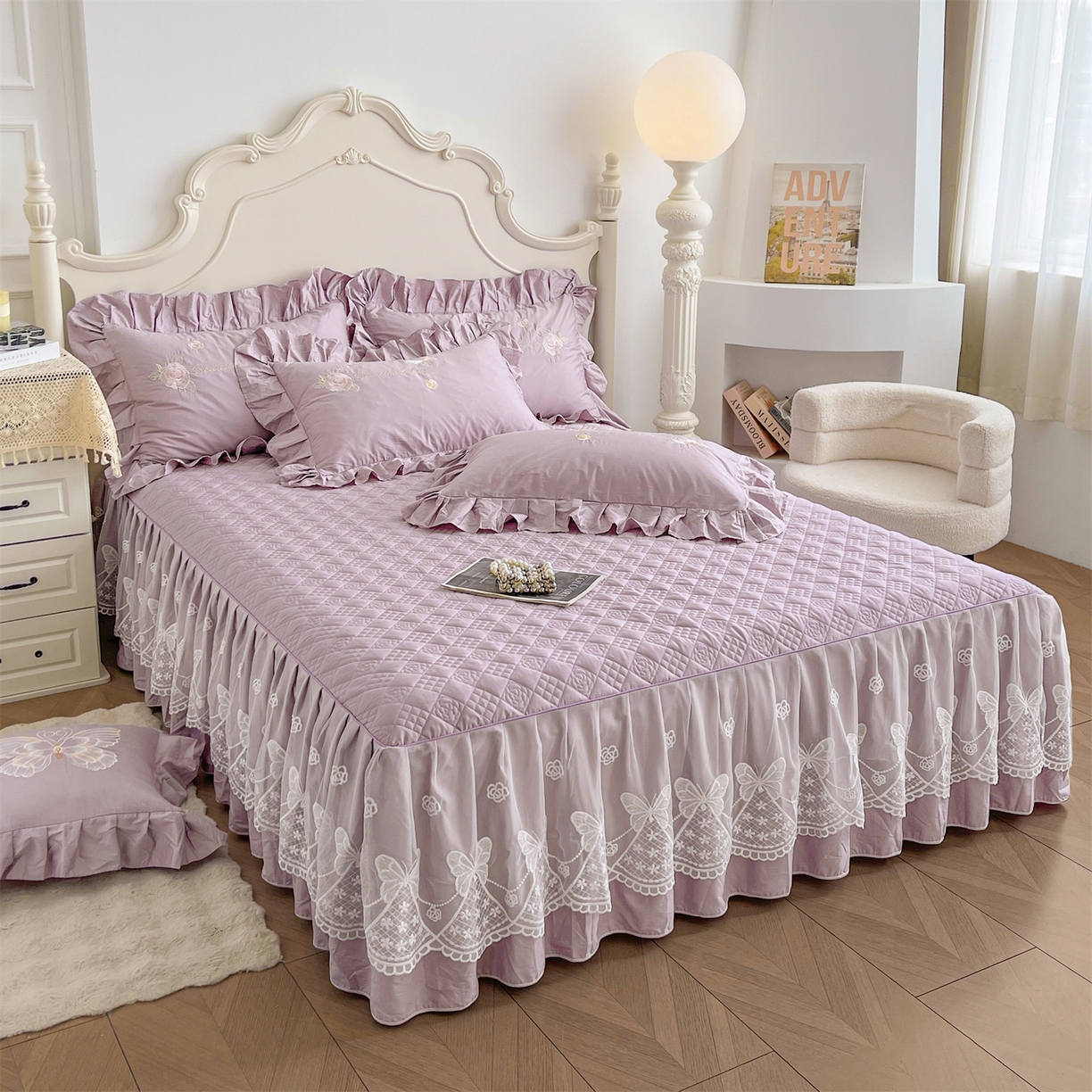 91家纺网 家纺一手货源 找家纺 宜凡家纺 2025新款长绒棉绣花床裙床裙四件套--蝶恋笙花系列 蝶恋笙花 罗兰紫