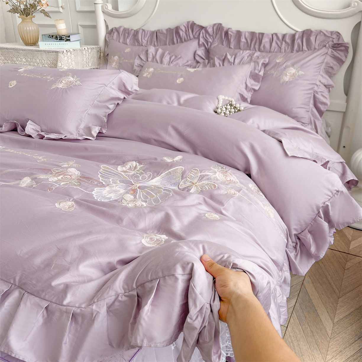 91家纺网 家纺一手货源 找家纺 宜凡家纺 2025新款长绒棉绣花床裙床裙四件套--蝶恋笙花系列 蝶恋笙花 罗兰紫