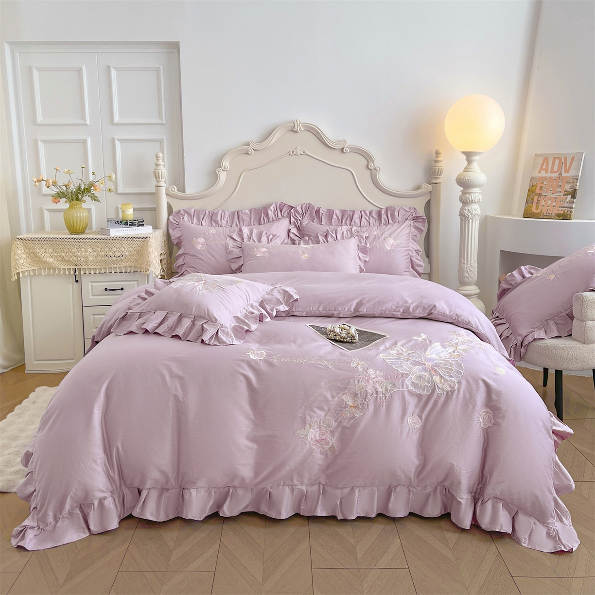 91家纺网 家纺一手货源 找家纺 宜凡家纺 2025新款长绒棉绣花床裙床裙四件套--蝶恋笙花系列 蝶恋笙花 罗兰紫