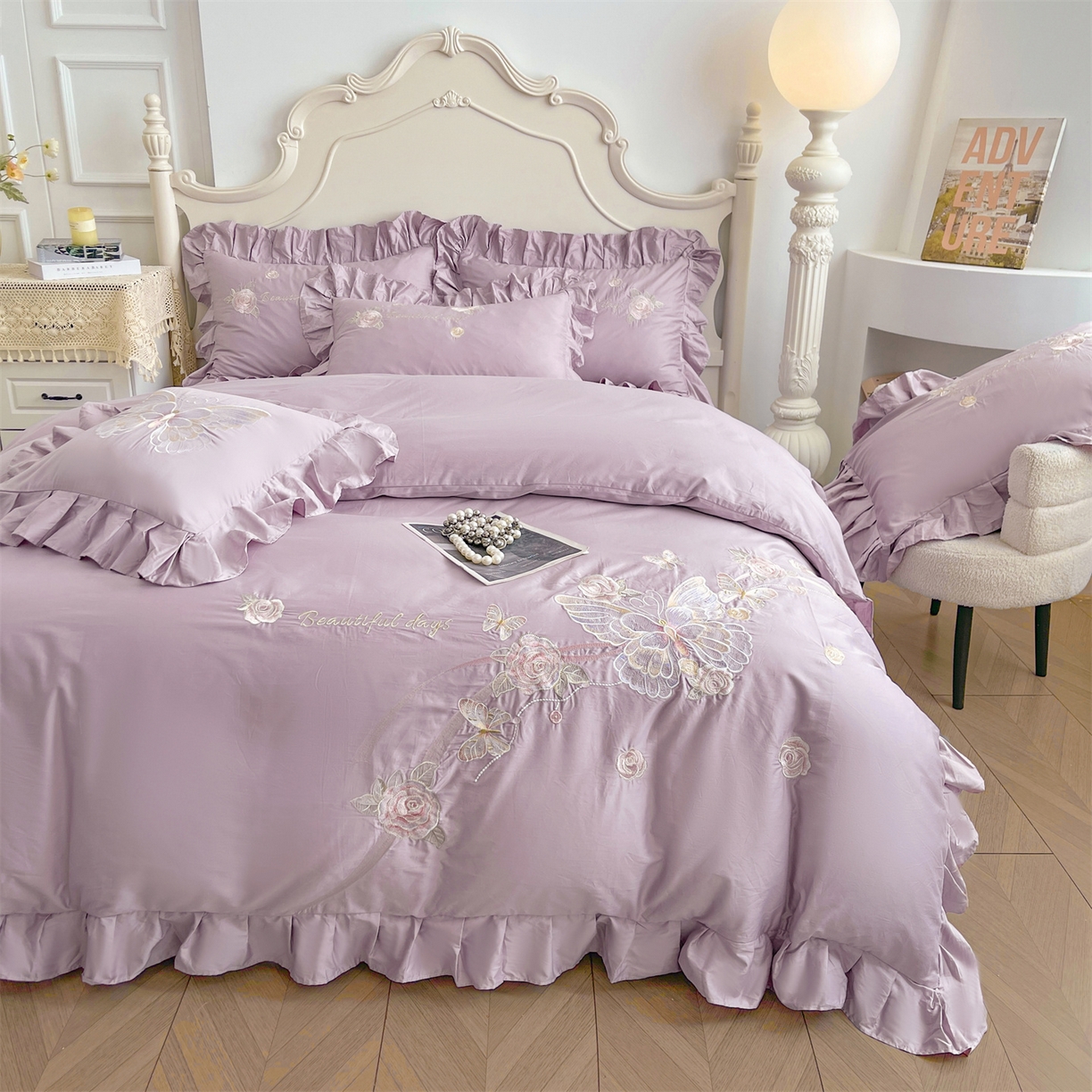 91家纺网 家纺一手货源 找家纺 宜凡家纺 2025新款长绒棉绣花床裙床裙四件套--蝶恋笙花系列 蝶恋笙花 罗兰紫