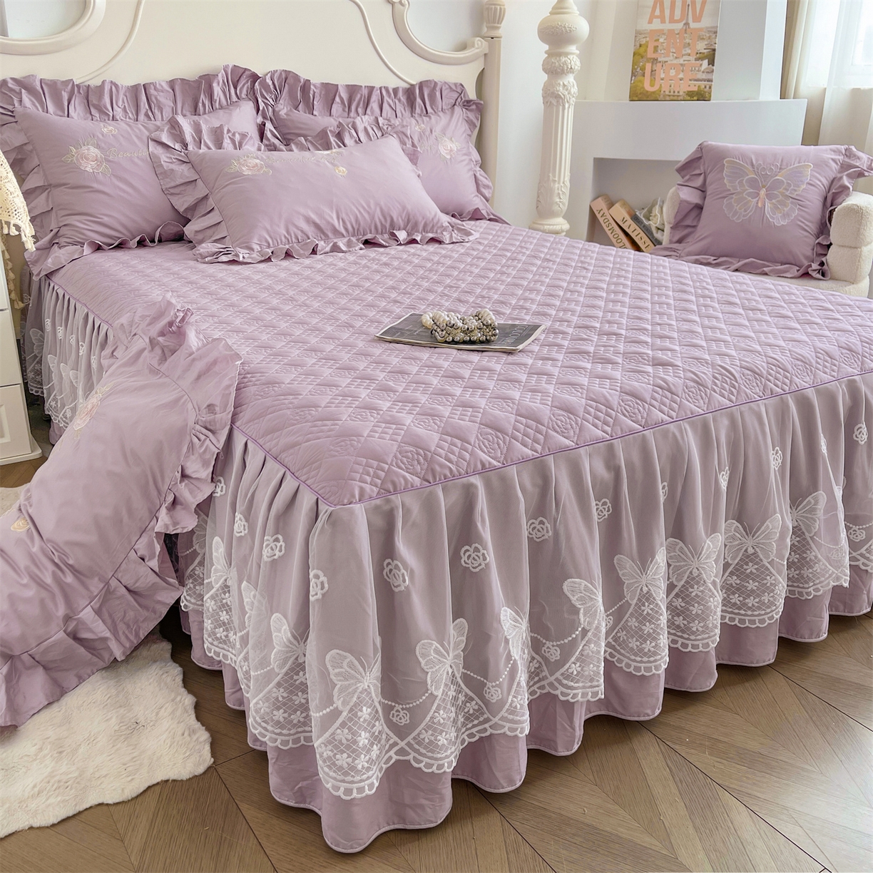 91家纺网 家纺一手货源 找家纺 宜凡家纺 2025新款长绒棉绣花床裙床裙四件套--蝶恋笙花系列 蝶恋笙花 罗兰紫