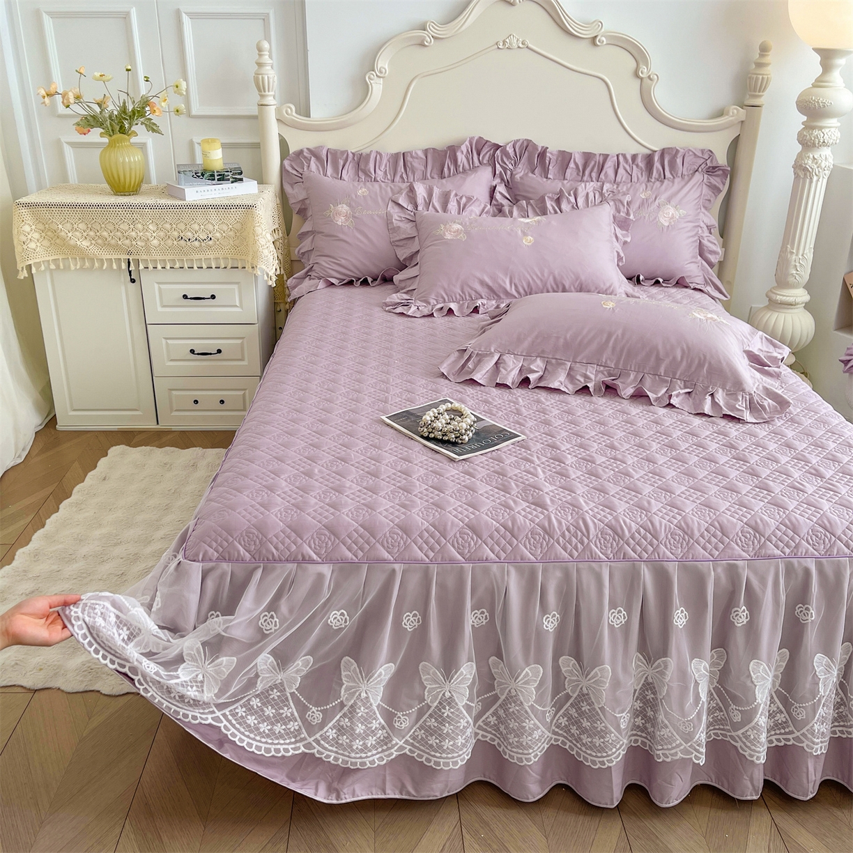 91家纺网 家纺一手货源 找家纺 宜凡家纺 2025新款长绒棉绣花床裙床裙四件套--蝶恋笙花系列 蝶恋笙花 罗兰紫