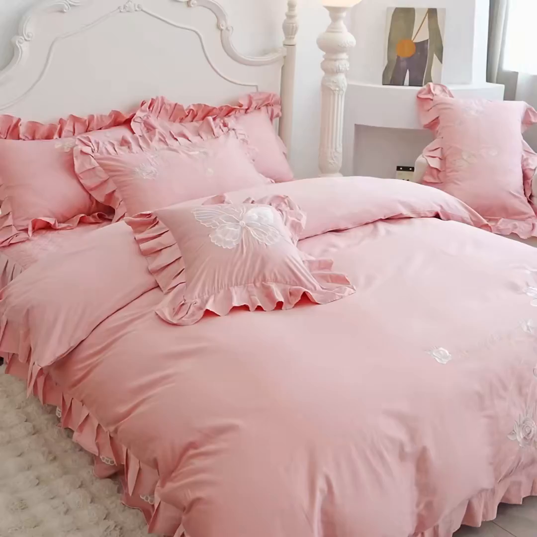 91家纺网 家纺一手货源 找家纺 （总）宜凡家纺 2025新款长绒棉绣花床裙床裙四件套--蝶恋笙花系列