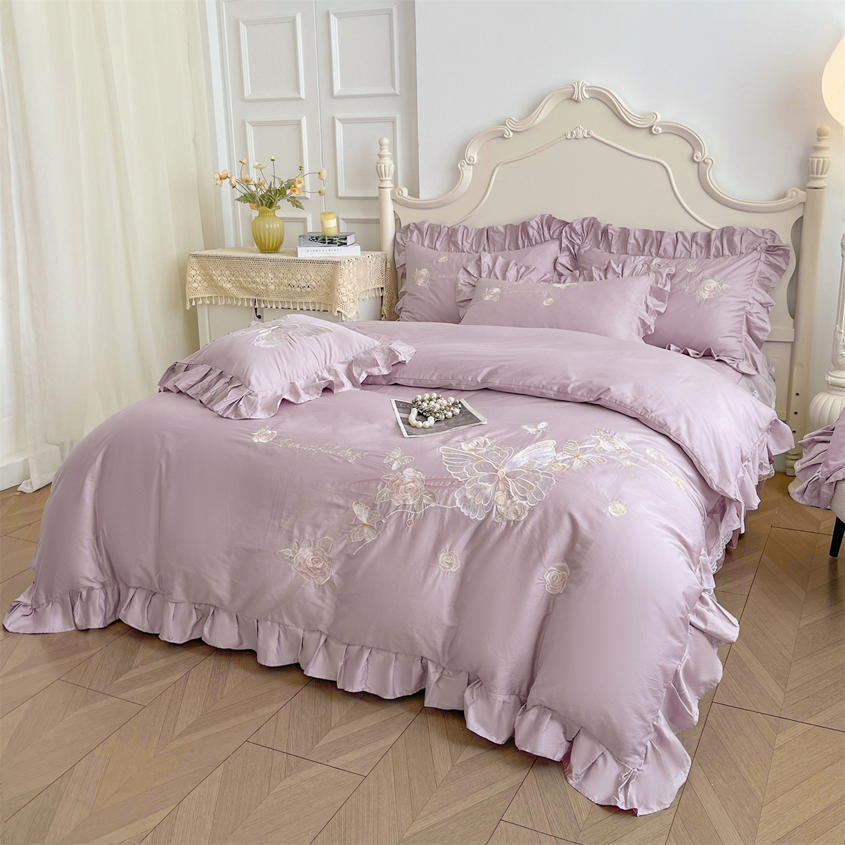 91家纺网 家纺一手货源 找家纺 宜凡家纺 2025新款长绒棉绣花床裙床裙四件套--蝶恋笙花系列 蝶恋笙花 罗兰紫