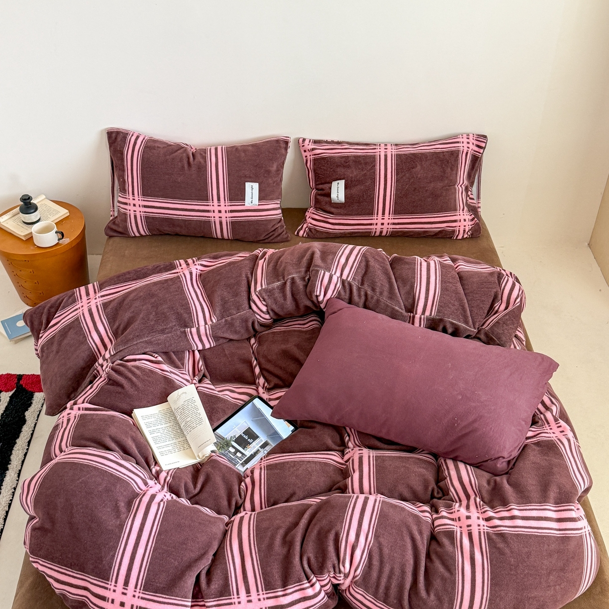 蜜宿 2025新款全工艺加厚牛奶绒四件套-格纹款 费尔岛拿铁