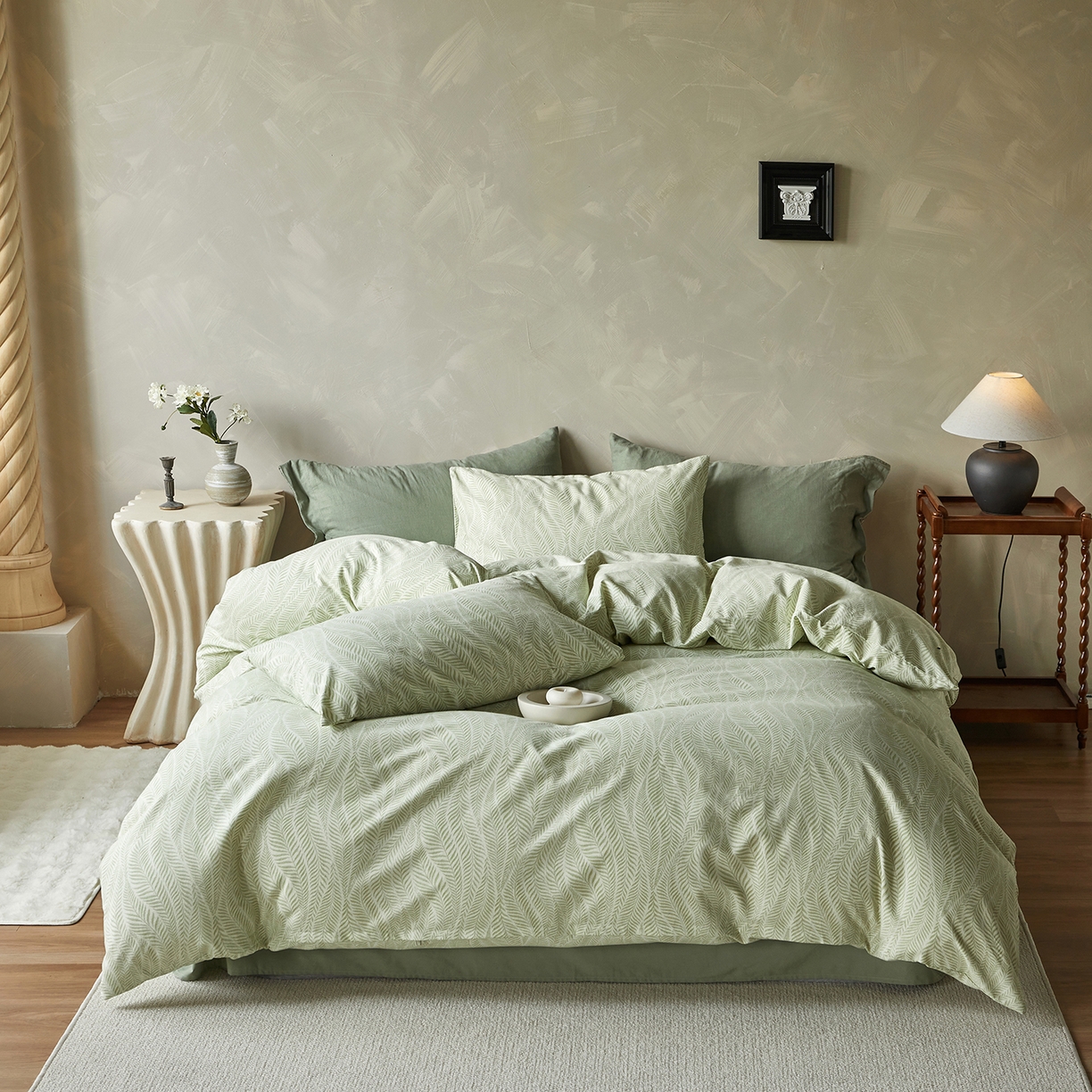 91家纺网 家纺一手货源 找家纺 怡家居 2025新款全棉纯棉加厚印花磨毛四件套 苔痕