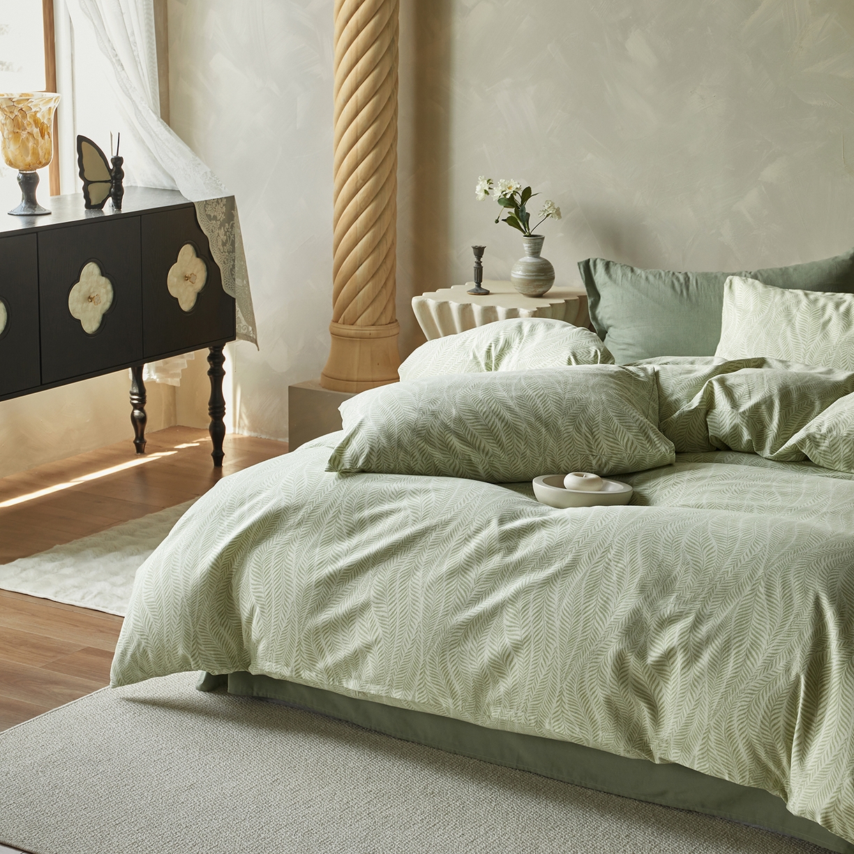 91家纺网 家纺一手货源 找家纺 怡家居 2025新款全棉纯棉加厚印花磨毛四件套 苔痕