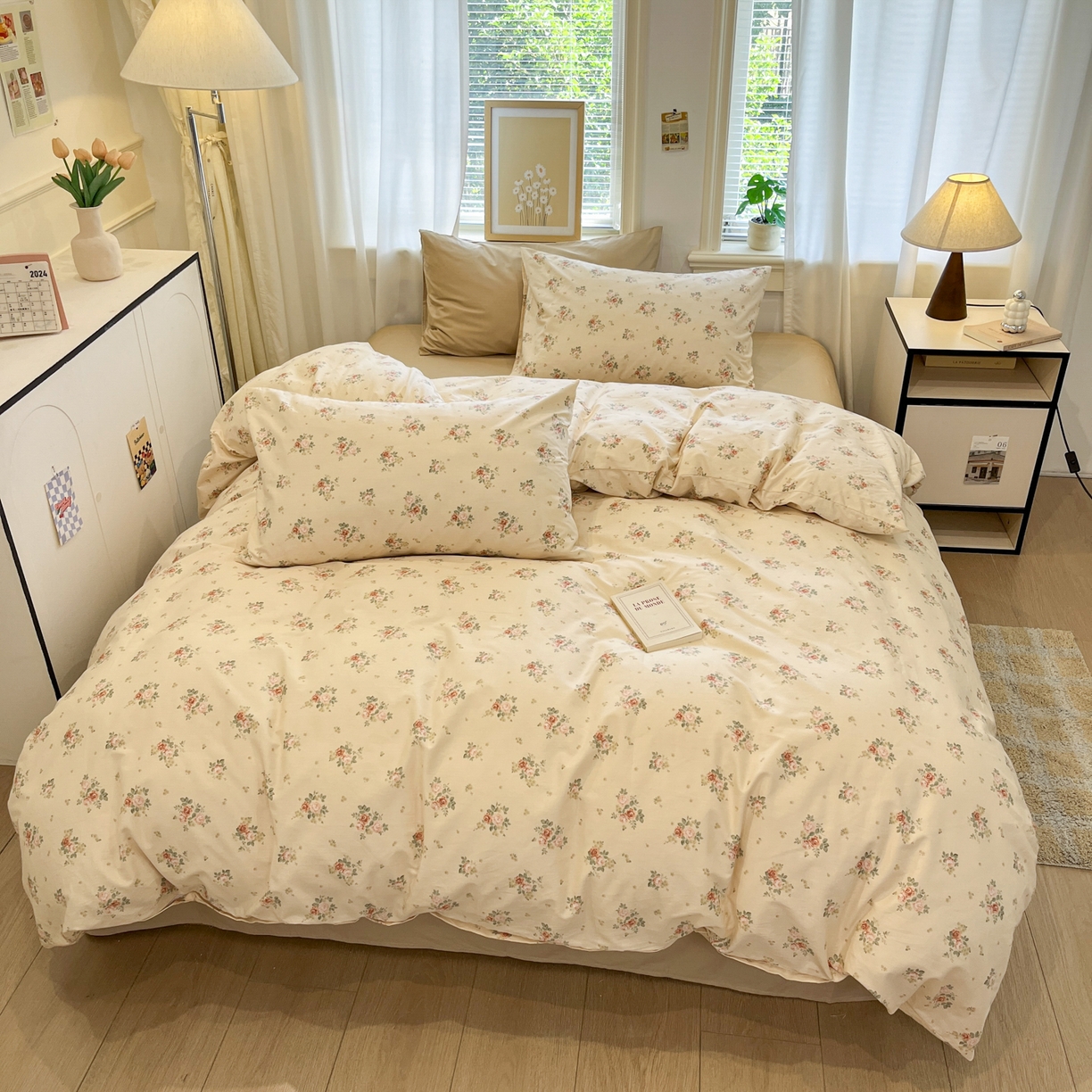 91家纺网 家纺一手货源 找家纺 花海 2025年秋冬色系 复古小碎花 韩式碎花小清新碎花全棉纯棉四件套40支13372 落日玫瑰 咖