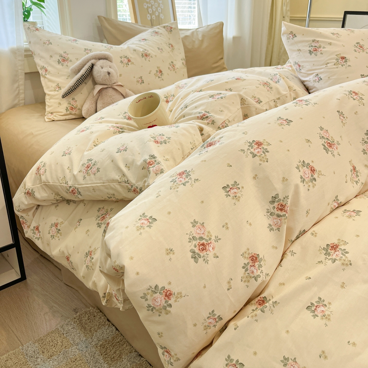 91家纺网 家纺一手货源 找家纺 花海 2025年秋冬色系 复古小碎花 韩式碎花小清新碎花全棉纯棉四件套40支13372 落日玫瑰 咖