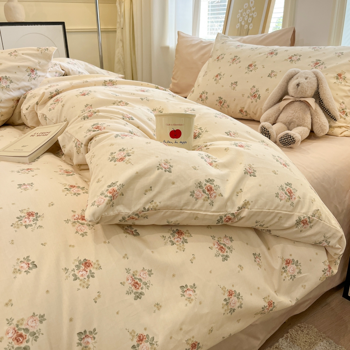 91家纺网 家纺一手货源 找家纺 花海 2025年秋冬色系 复古小碎花 韩式碎花小清新碎花全棉纯棉四件套40支13372 落日玫瑰 肉桂