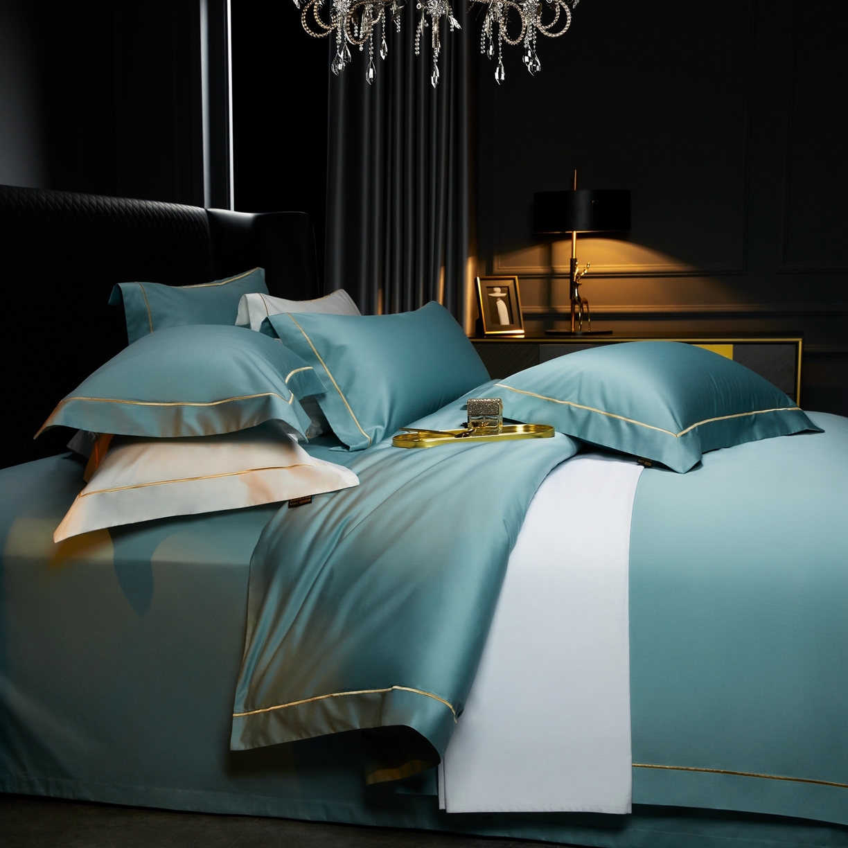 91家纺网 家纺一手货源 找家纺 米多多 2025新款CR天雪工艺100支长绒棉纯棉刺绣宽边四件套 薄荷绿