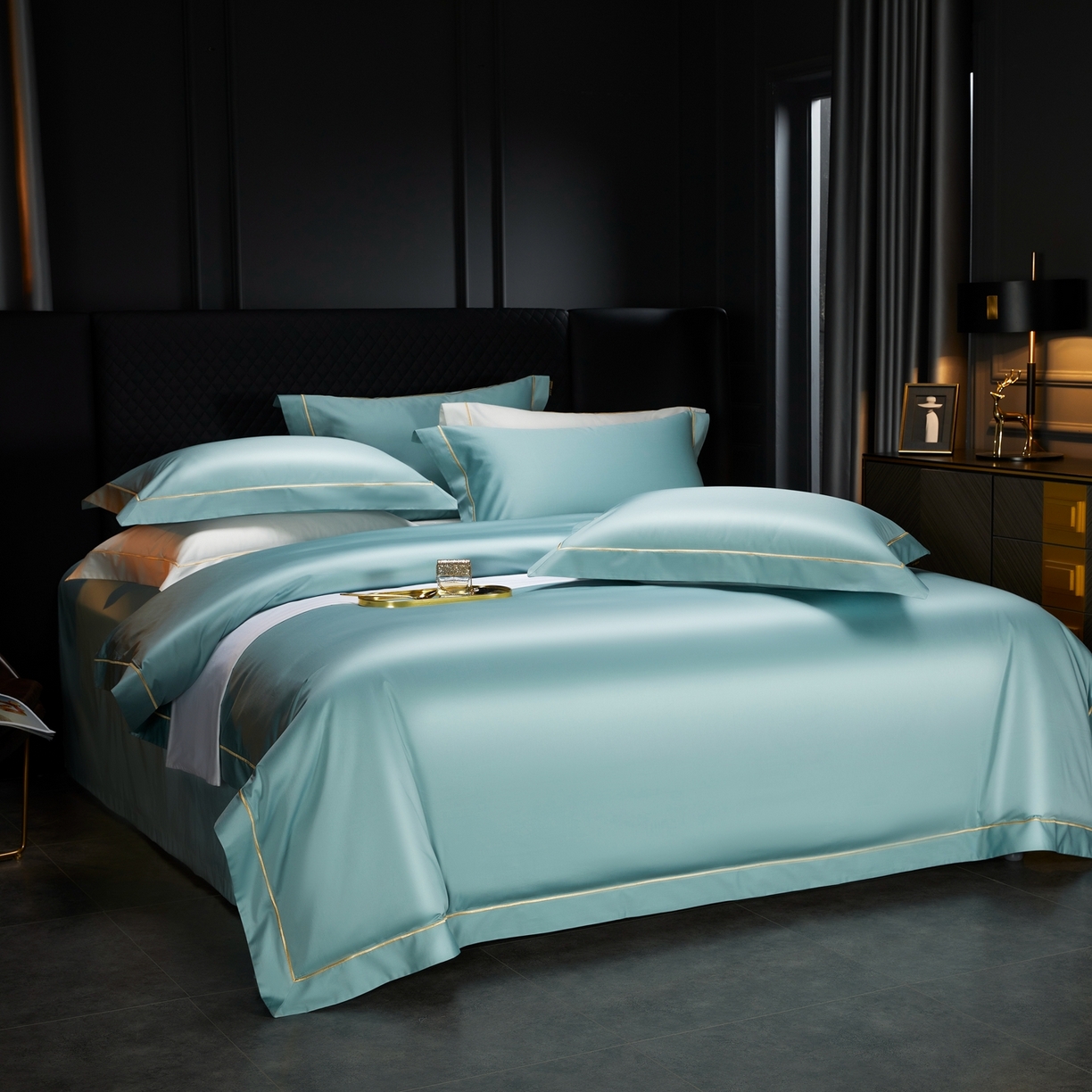 91家纺网 家纺一手货源 找家纺 米多多 2025新款CR天雪工艺100支长绒棉纯棉刺绣宽边四件套 薄荷绿