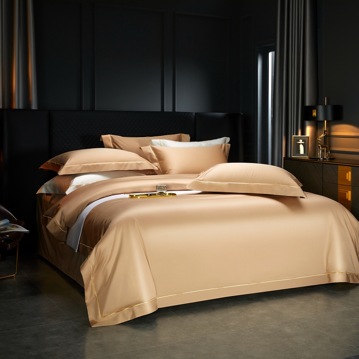 91家纺网 家纺一手货源 找家纺 米多多 2025新款CR天雪工艺100支长绒棉纯棉刺绣宽边四件套 薄暮金