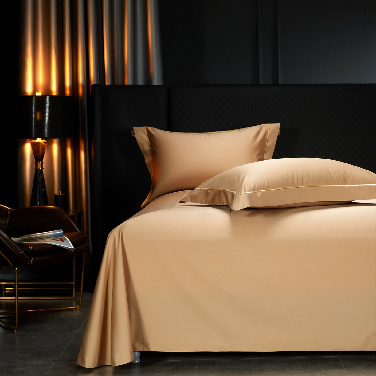 91家纺网 家纺一手货源 找家纺 米多多 2025新款CR天雪工艺100支长绒棉纯棉刺绣宽边四件套 薄暮金