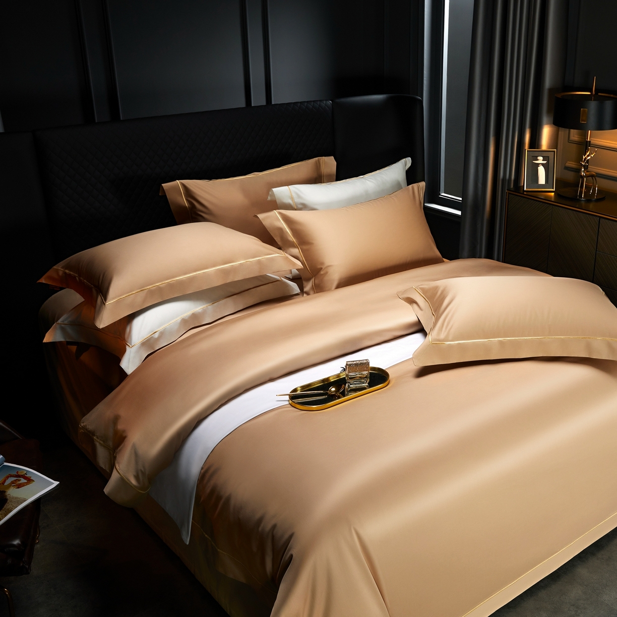 91家纺网 家纺一手货源 找家纺 米多多 2025新款CR天雪工艺100支长绒棉纯棉刺绣宽边四件套 薄暮金