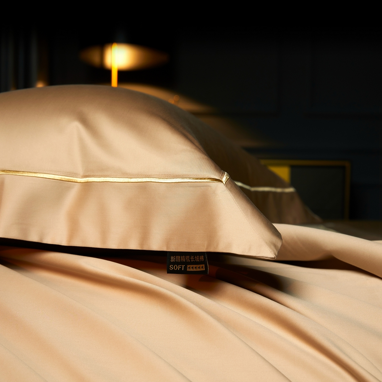 91家纺网 家纺一手货源 找家纺 米多多 2025新款CR天雪工艺100支长绒棉纯棉刺绣宽边四件套 薄暮金