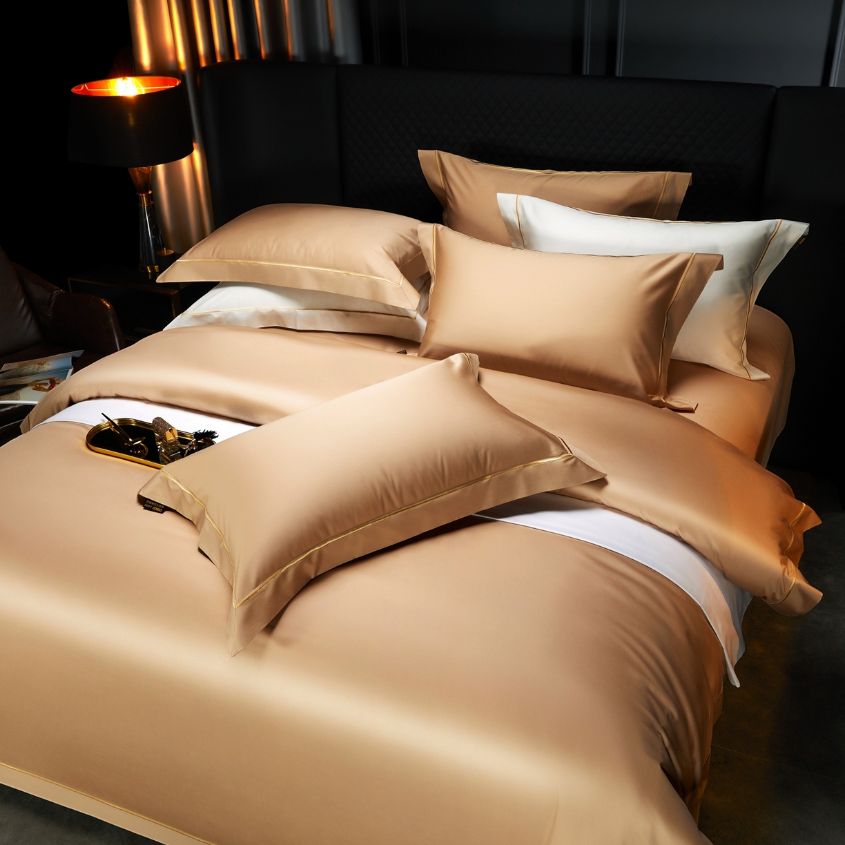 91家纺网 家纺一手货源 找家纺 米多多 2025新款CR天雪工艺100支长绒棉纯棉刺绣宽边四件套 薄暮金