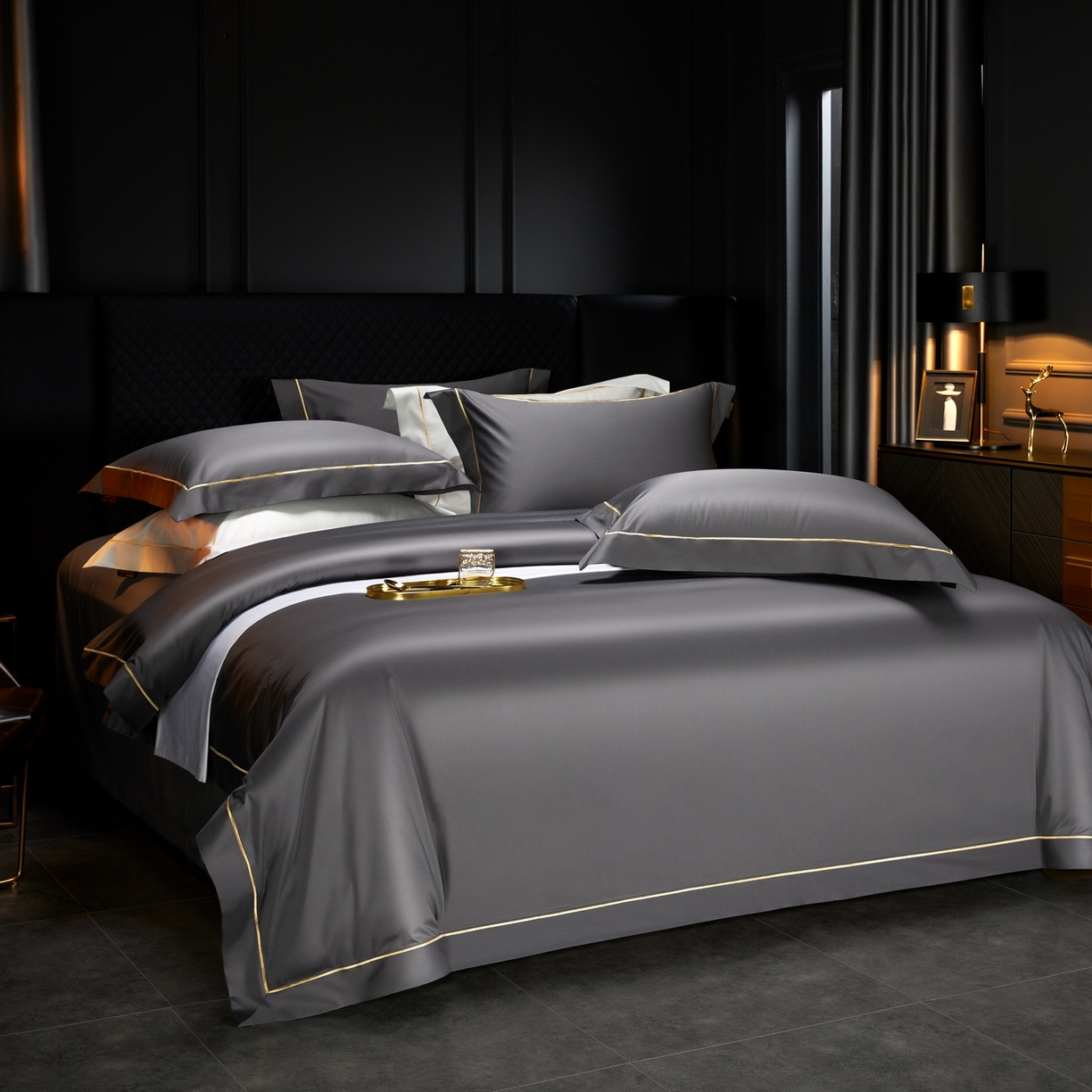 91家纺网 家纺一手货源 找家纺 米多多 2025新款CR天雪工艺100支长绒棉纯棉刺绣宽边四件套 布鲁灰