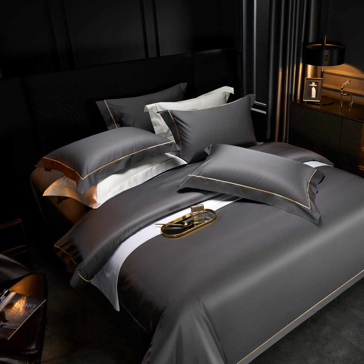 91家纺网 家纺一手货源 找家纺 米多多 2025新款CR天雪工艺100支长绒棉纯棉刺绣宽边四件套 布鲁灰