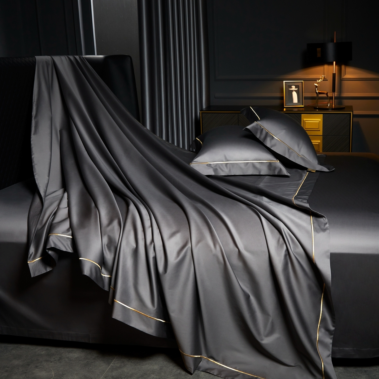 91家纺网 家纺一手货源 找家纺 米多多 2025新款CR天雪工艺100支长绒棉纯棉刺绣宽边四件套 布鲁灰