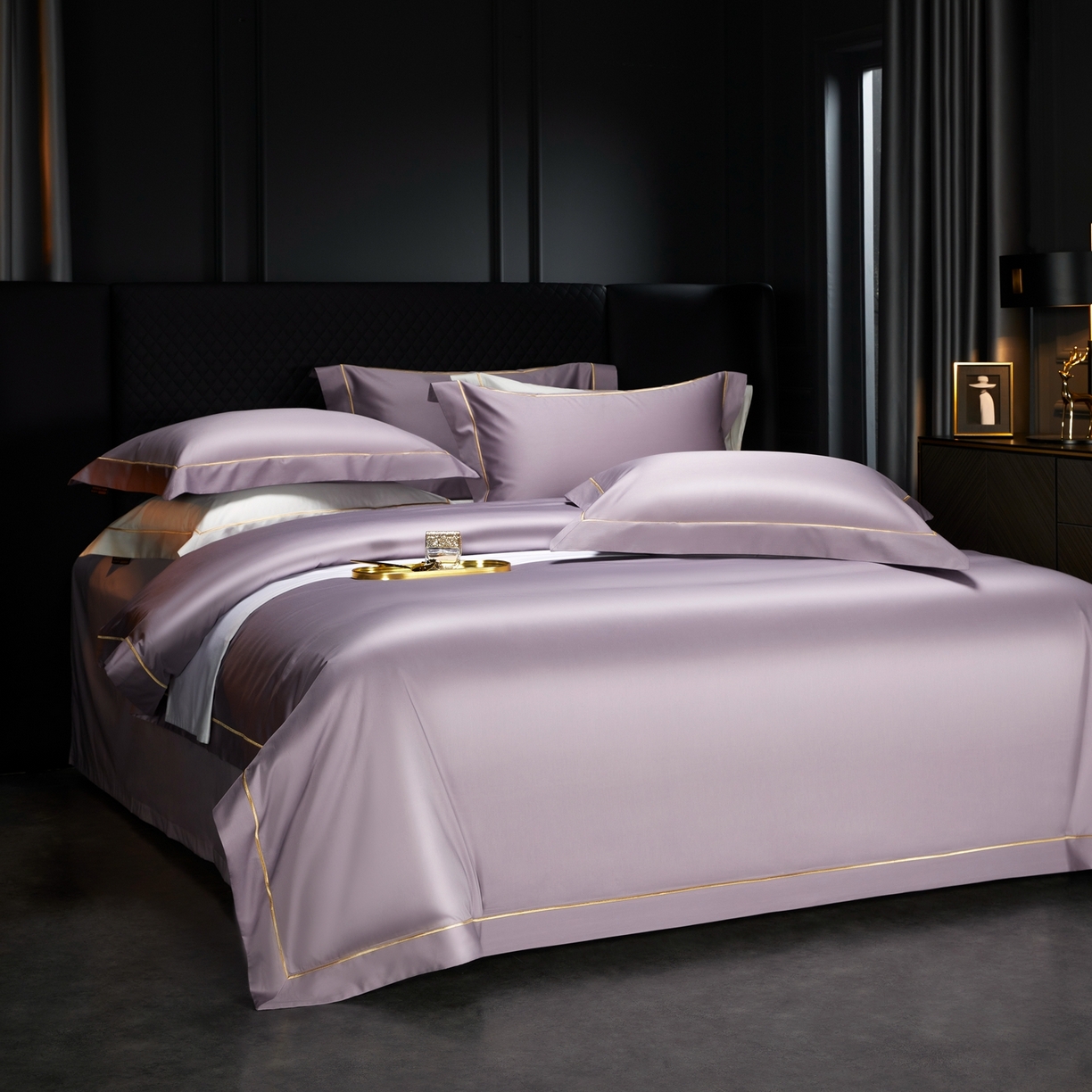 91家纺网 家纺一手货源 找家纺 米多多 2025新款CR天雪工艺100支长绒棉纯棉刺绣宽边四件套 灵境紫