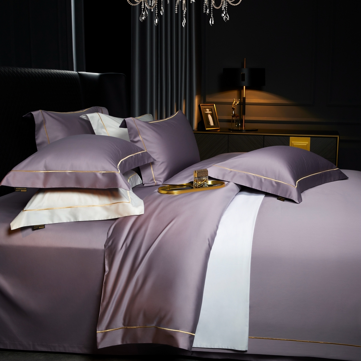 91家纺网 家纺一手货源 找家纺 米多多 2025新款CR天雪工艺100支长绒棉纯棉刺绣宽边四件套 灵境紫