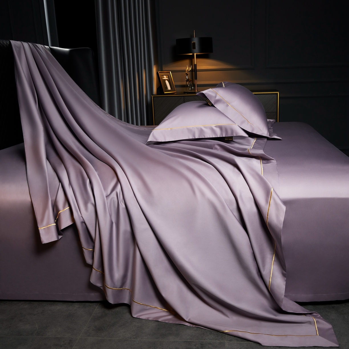 91家纺网 家纺一手货源 找家纺 米多多 2025新款CR天雪工艺100支长绒棉纯棉刺绣宽边四件套 灵境紫