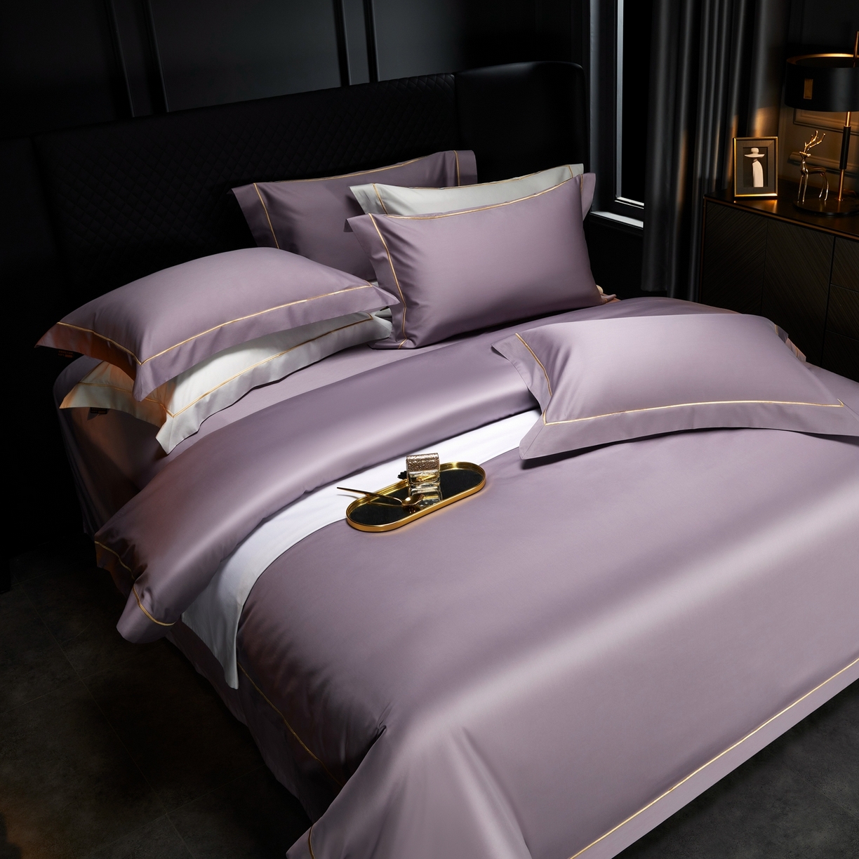 91家纺网 家纺一手货源 找家纺 米多多 2025新款CR天雪工艺100支长绒棉纯棉刺绣宽边四件套 灵境紫