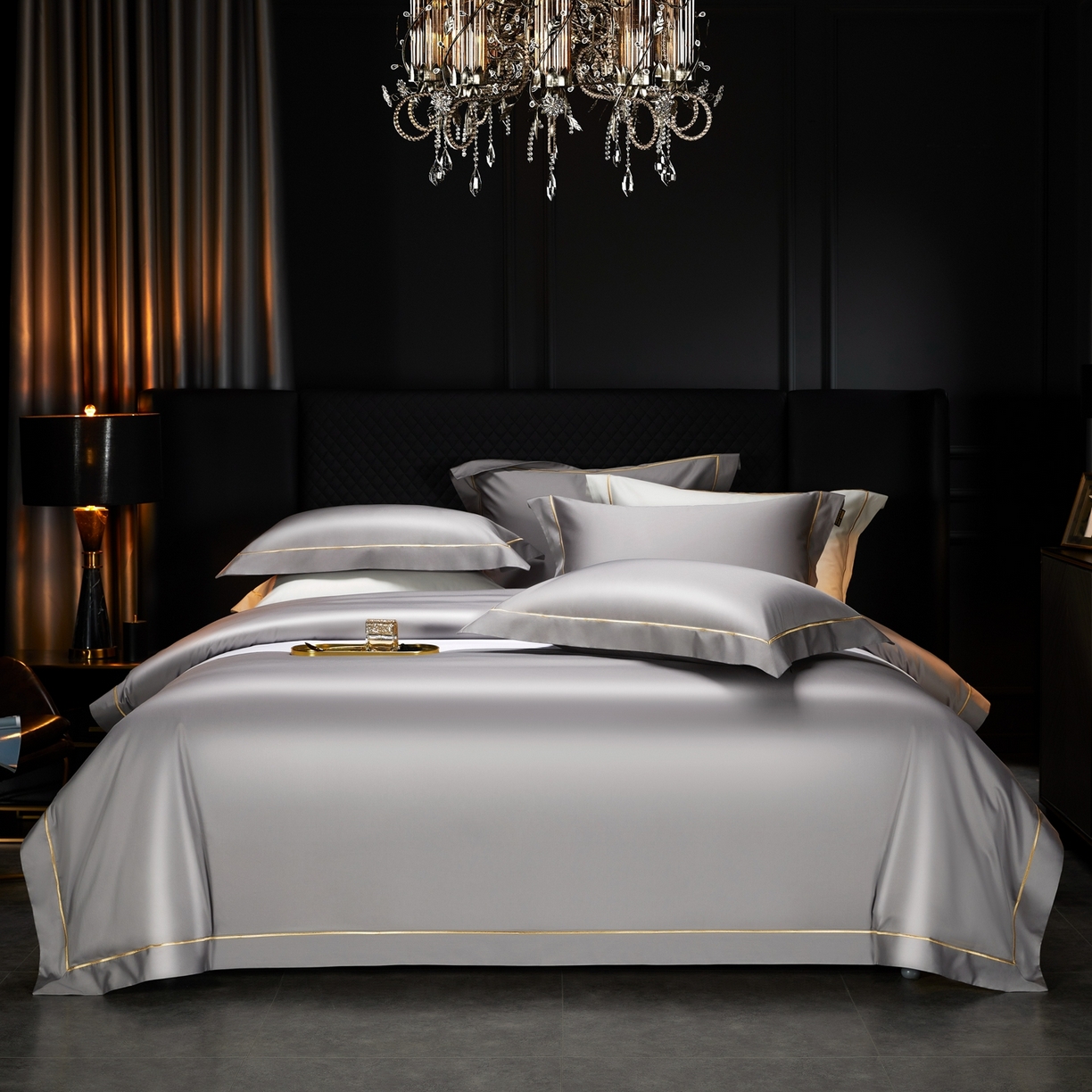 米多多 2025新款CR天雪工艺100支长绒棉纯棉刺绣宽边四件套 雅士灰