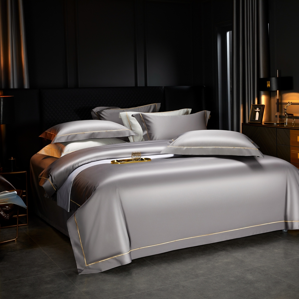 91家纺网 家纺一手货源 找家纺 米多多 2025新款CR天雪工艺100支长绒棉纯棉刺绣宽边四件套 雅士灰