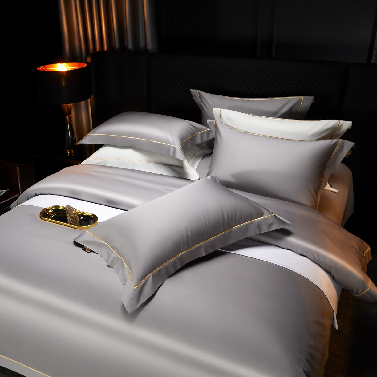 91家纺网 家纺一手货源 找家纺 米多多 2025新款CR天雪工艺100支长绒棉纯棉刺绣宽边四件套 雅士灰