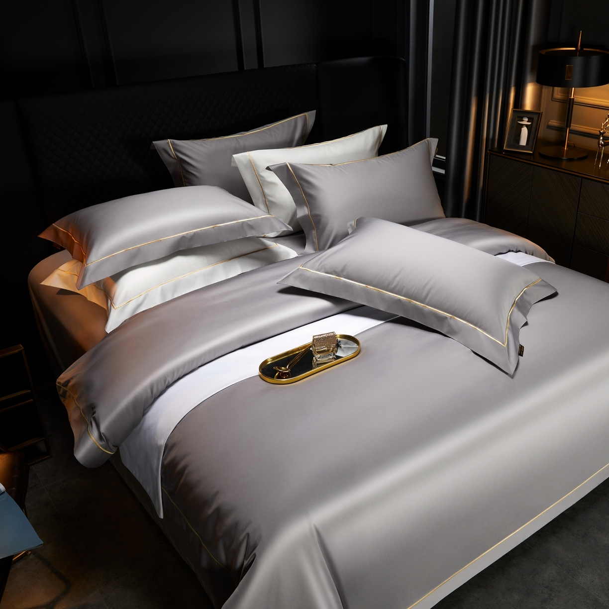 91家纺网 家纺一手货源 找家纺 米多多 2025新款CR天雪工艺100支长绒棉纯棉刺绣宽边四件套 雅士灰