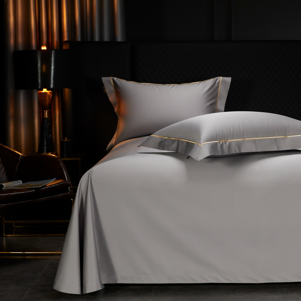 91家纺网 家纺一手货源 找家纺 米多多 2025新款CR天雪工艺100支长绒棉纯棉刺绣宽边四件套 雅士灰